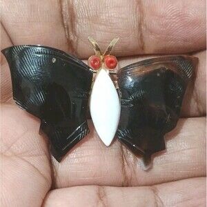Butterfly Brown White Red Acrylic Gold Tone Vintage Brooch
